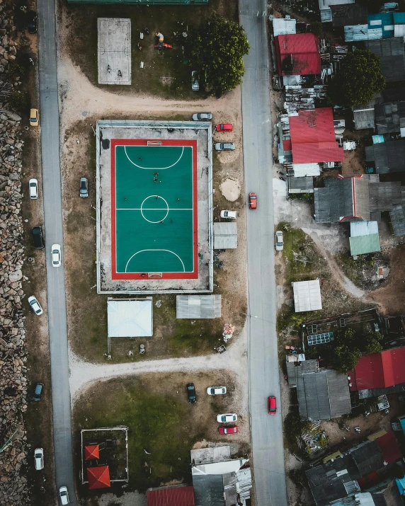 an aerial view of an open basketball court