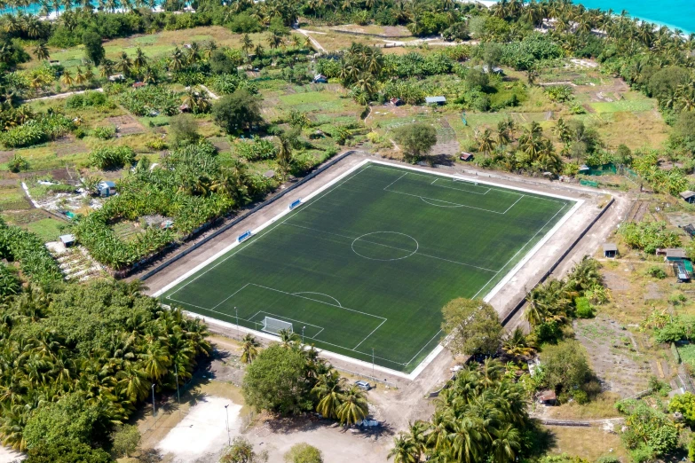 an aerial view of the soccer field at the shore