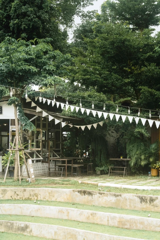 a couple of large wooden steps next to trees