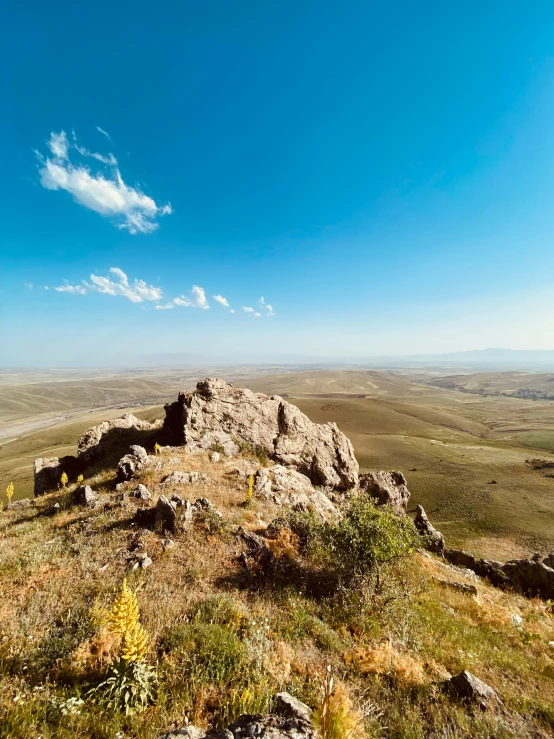 a group of people are sitting on a hill