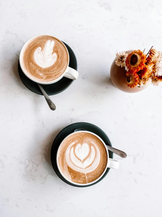 the view from above of three cups with coffee in it