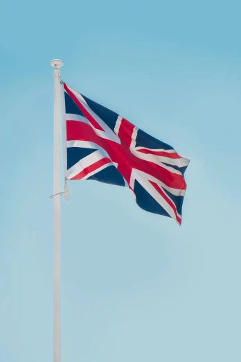a flag flying in the air next to a blue sky