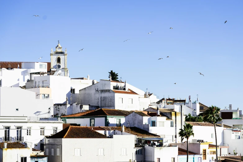 a cityscape with white buildings, trees and a blue sky