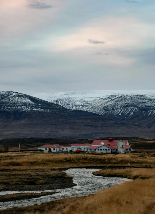 snowy mountains are seen across the marsh and stream