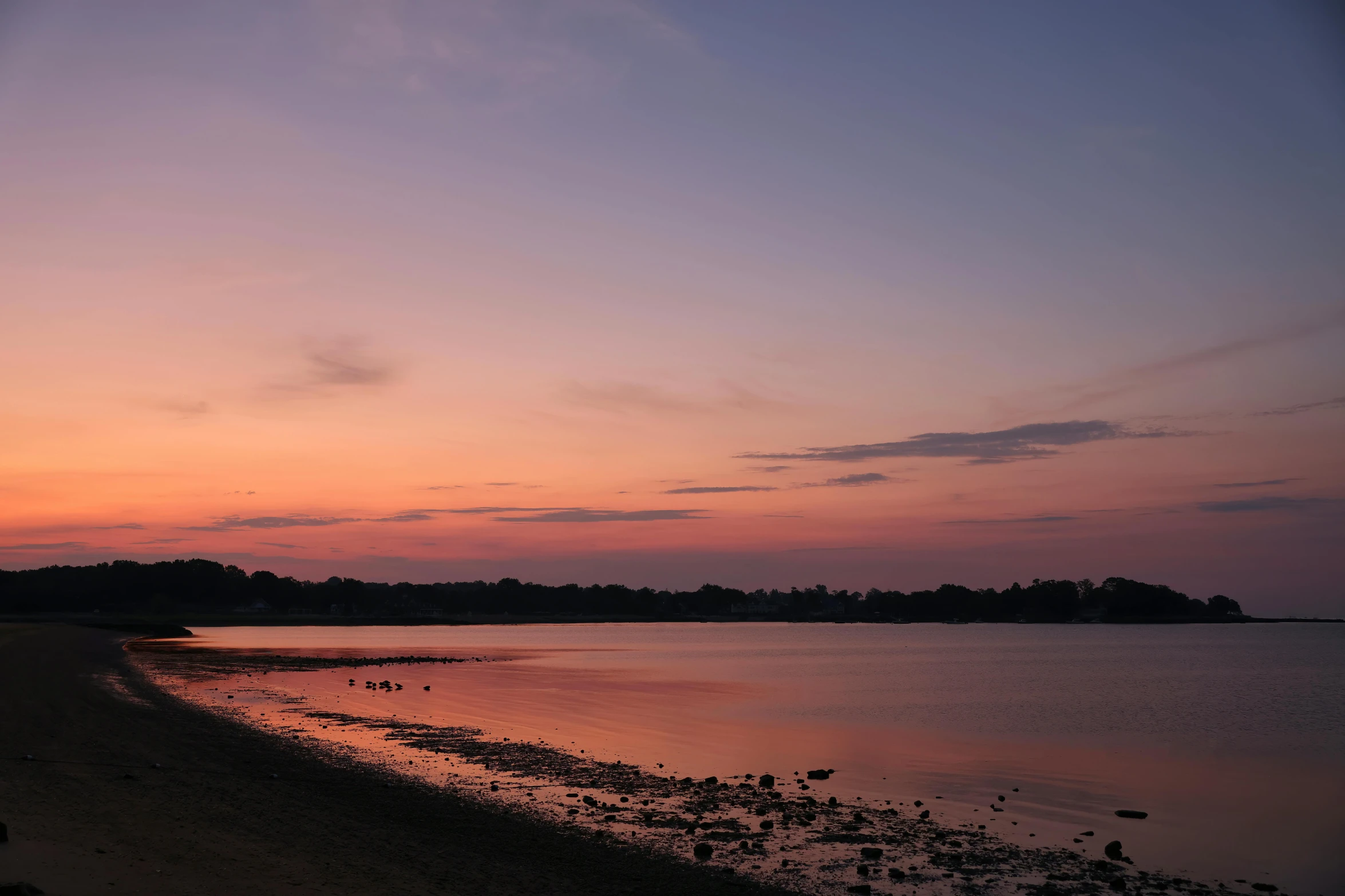 water, land, and trees on the shore at sunset