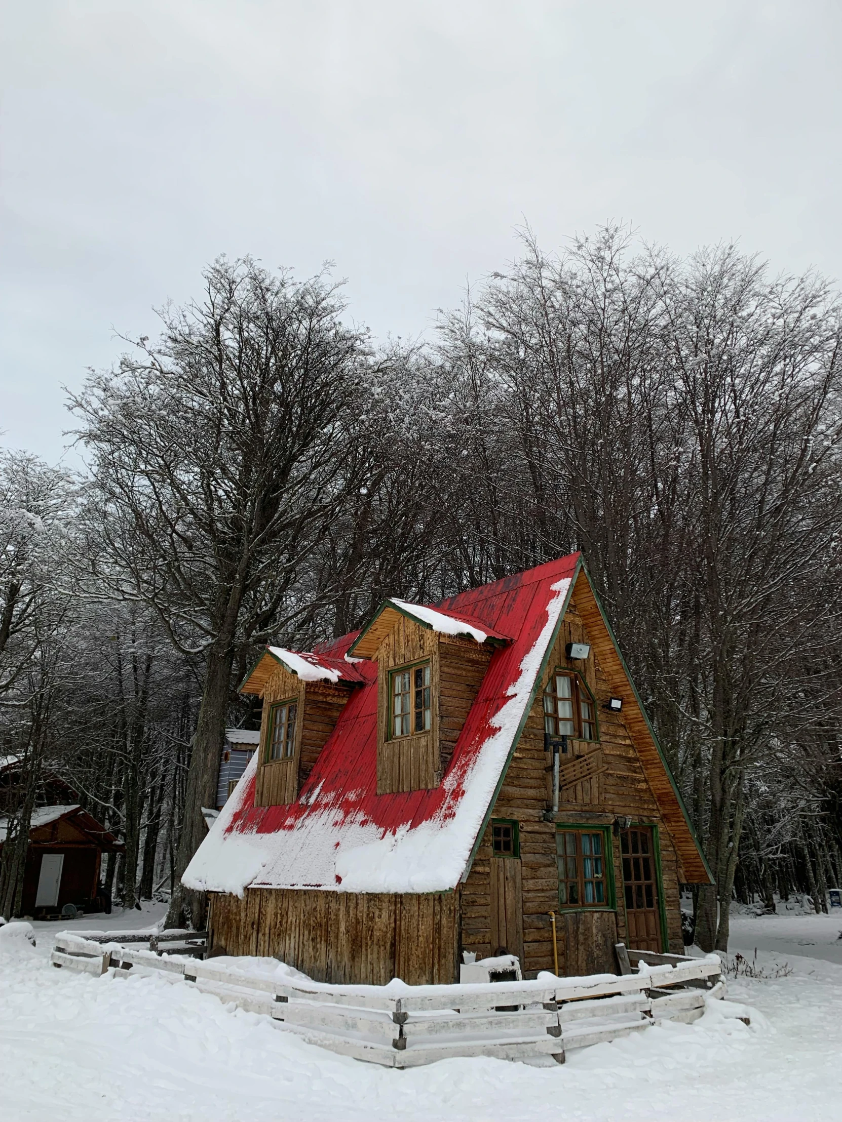 a house covered with snow in front of trees