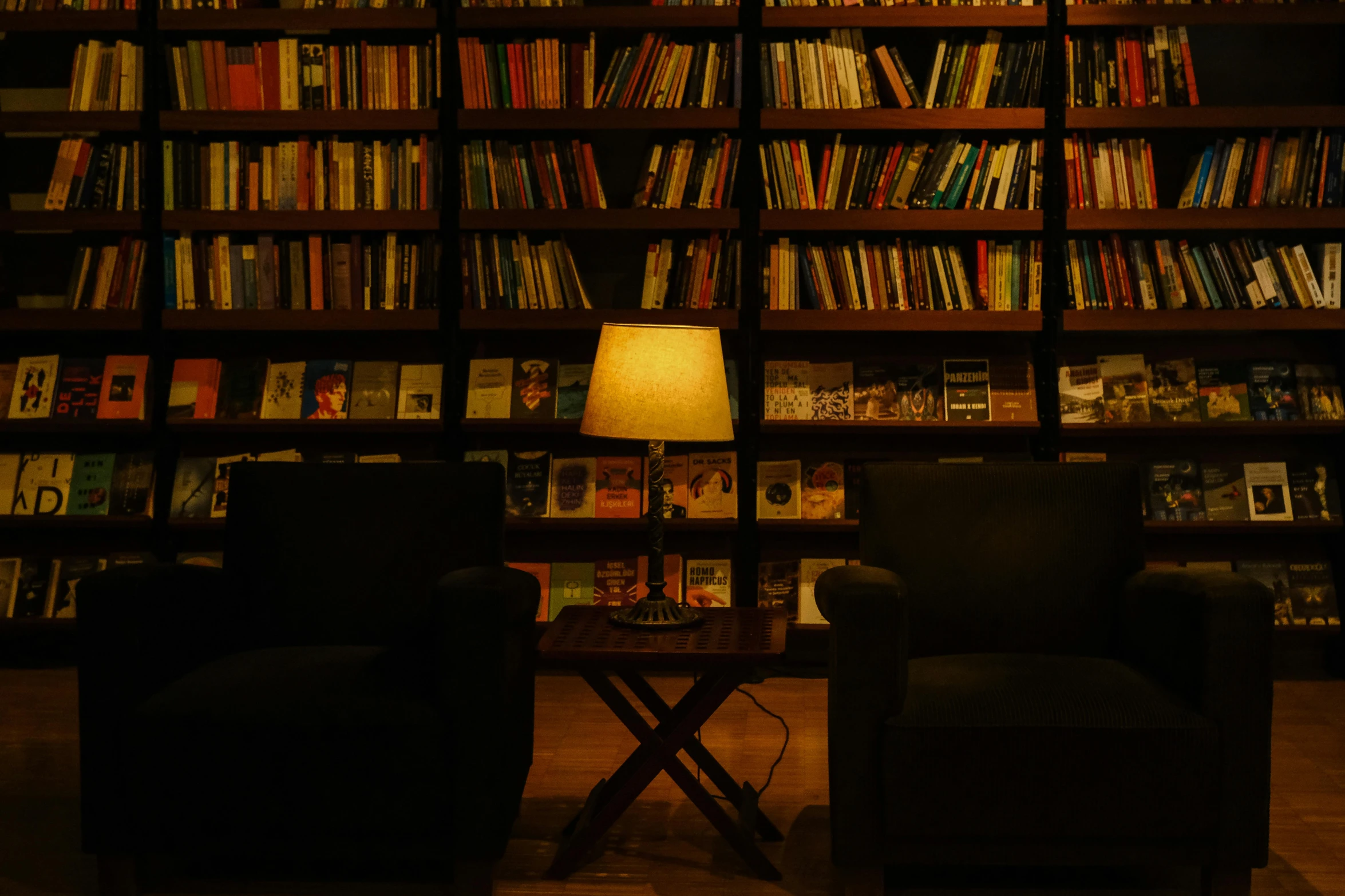 two chairs in front of a bookcase full of books