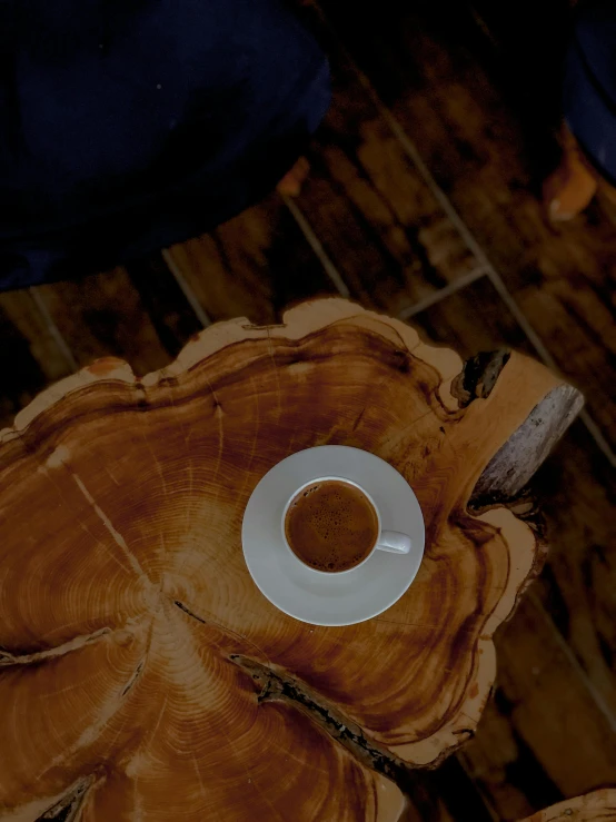 a coffee cup sitting on top of a wooden table