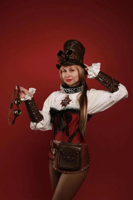 a woman wearing a steam - inspired outfit poses with two guns