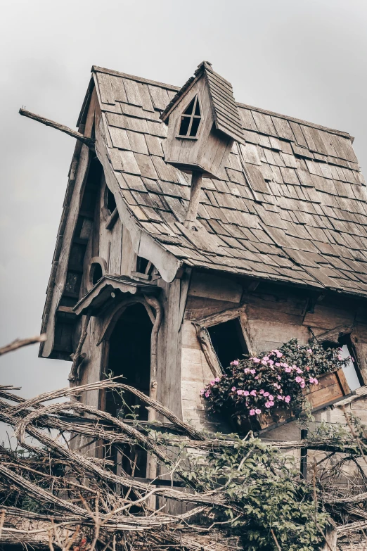 a house made from wood has flower pots growing out the side of it