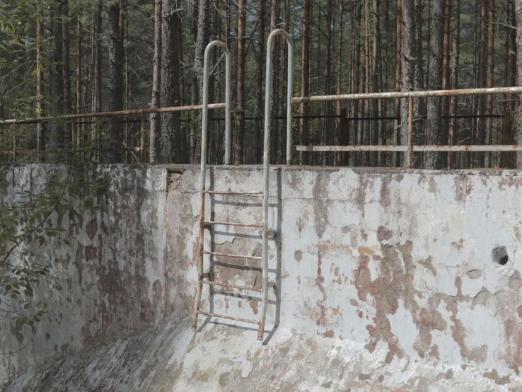 the old bathtub has a rusted iron railing