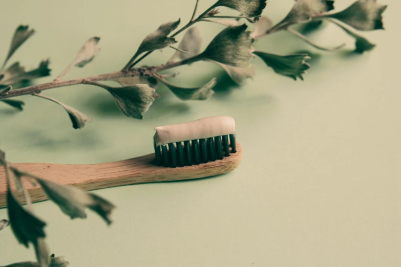 a toothbrush resting on a green surface