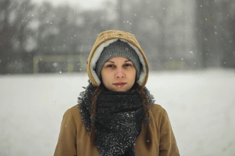 a girl with long hair wearing a winter hat and scarf