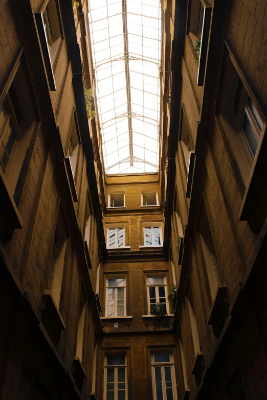 a skylight hanging up from a high building
