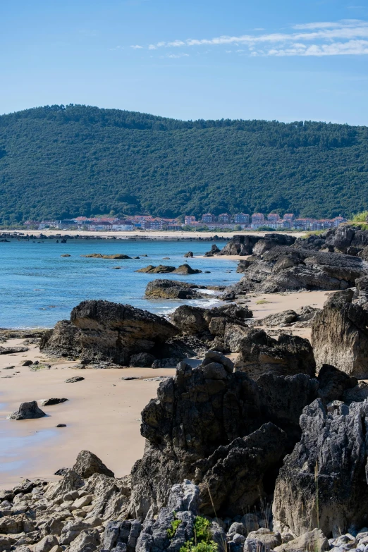 a beach with rocky, rocky shoreline on a clear day