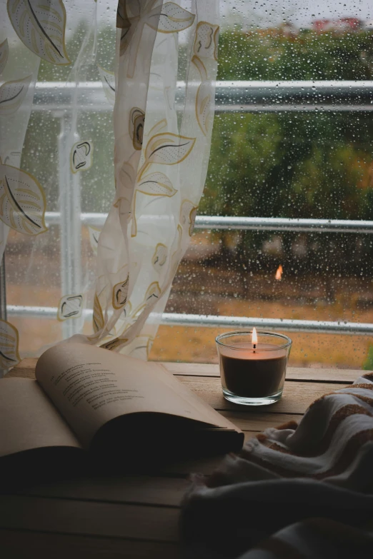 a candle that is lit next to a window