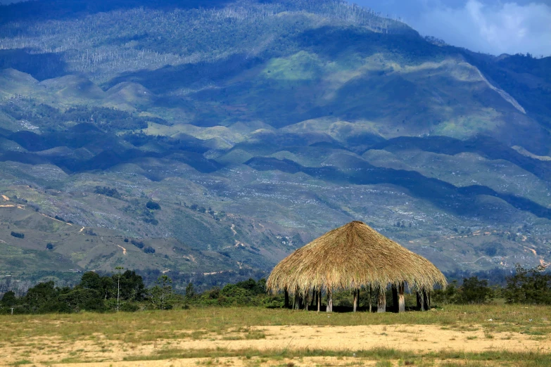 the view of an umbrella hut stands on a dry, green grass covered field near large mountains