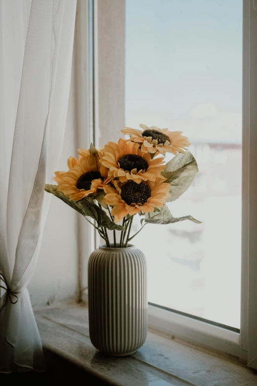 a vase filled with flowers in front of a window
