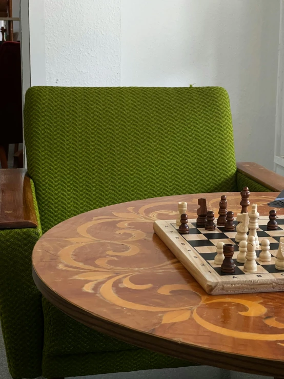 a table with some chess set on it