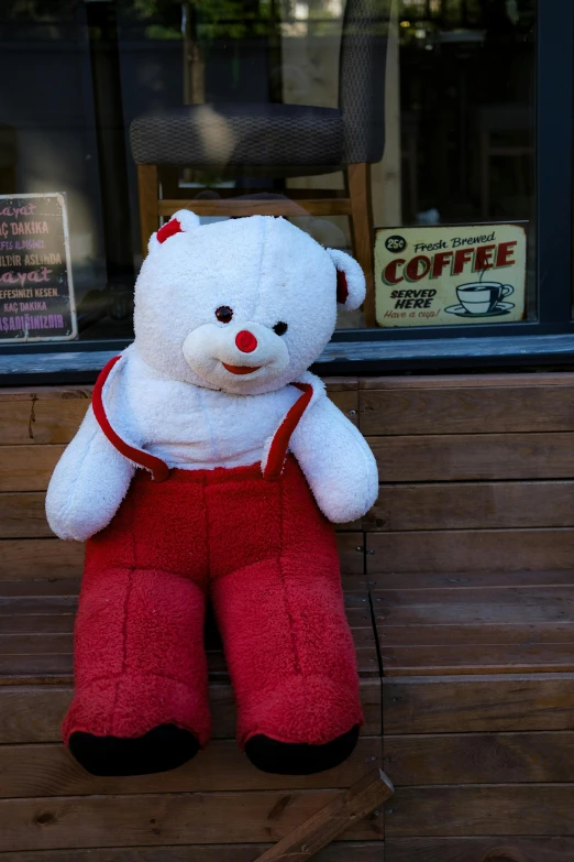 a stuffed bear dressed in red overalls and a hat