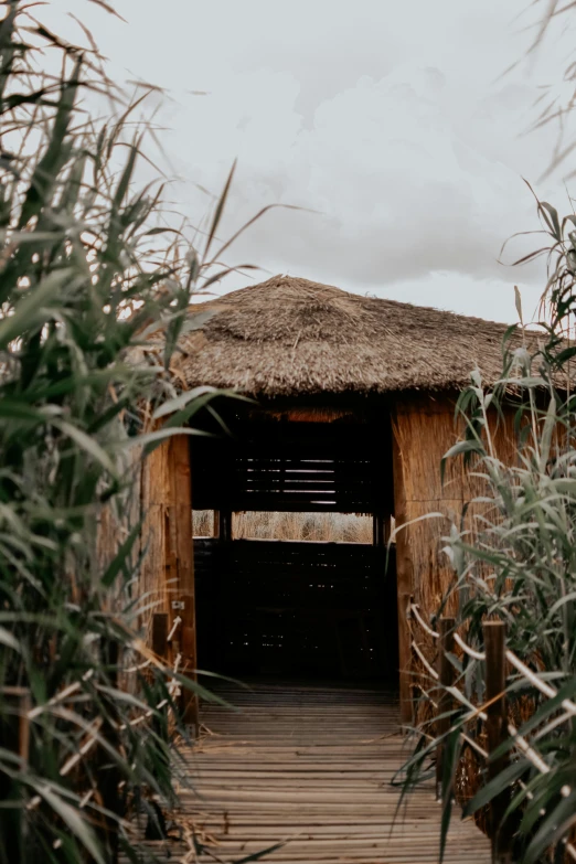 a small hut with grass roofs and wooden stairs