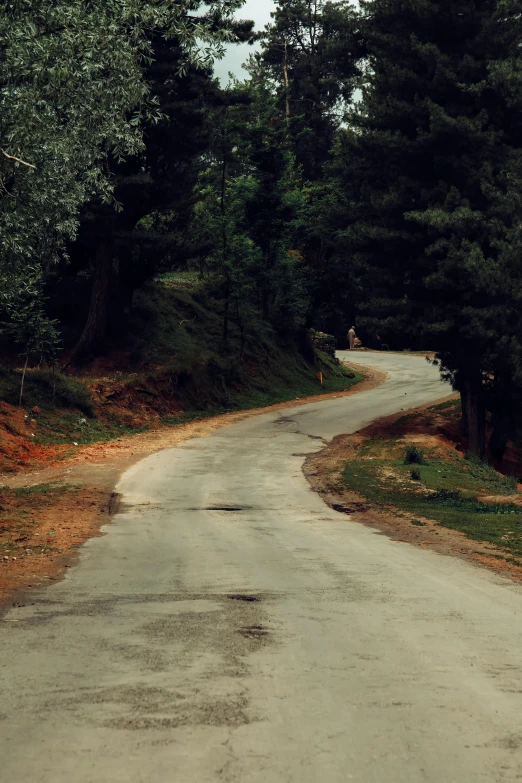 an empty rural road winds its way down the hill