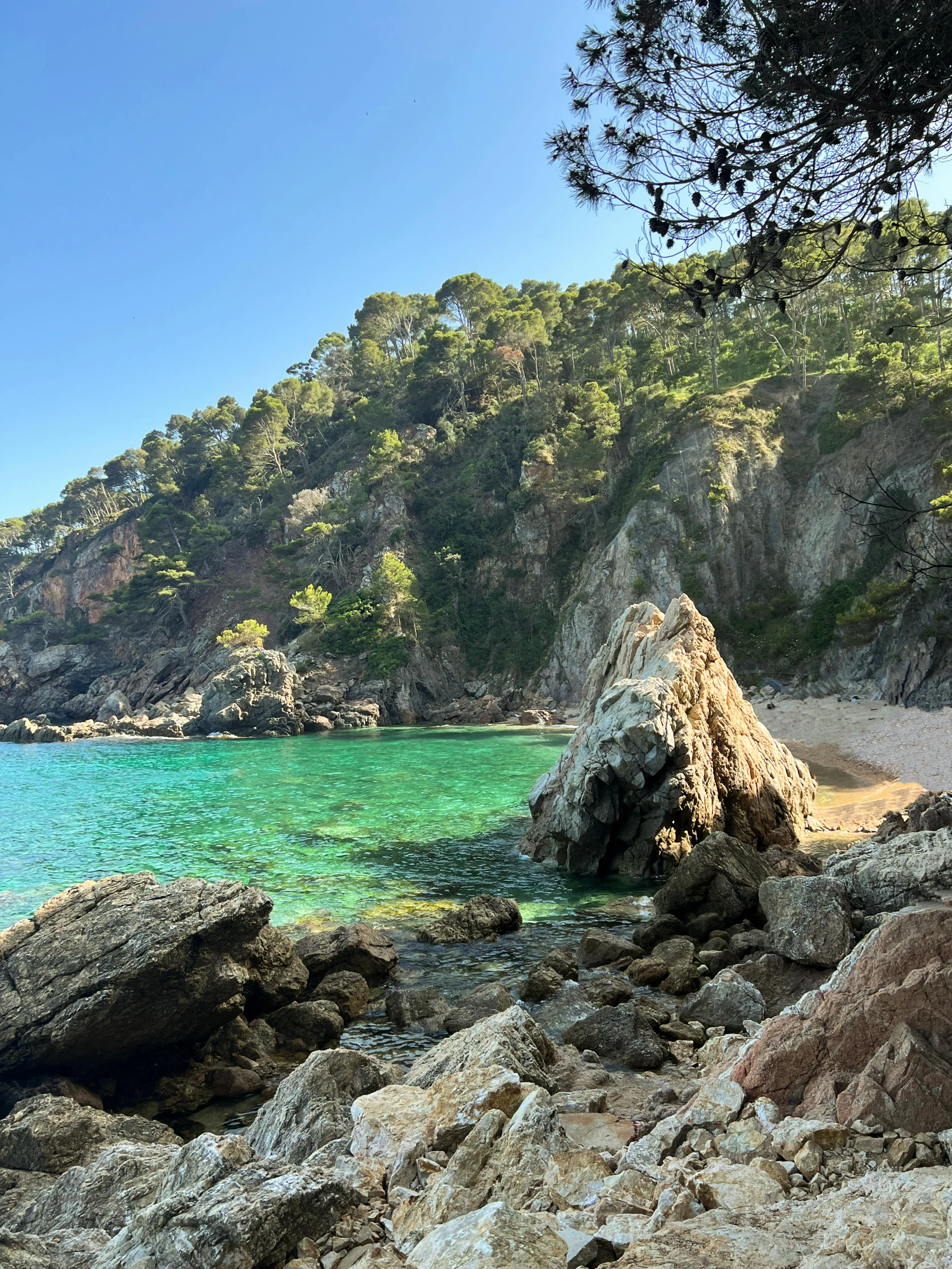 the beach has green water and rocky cliffs