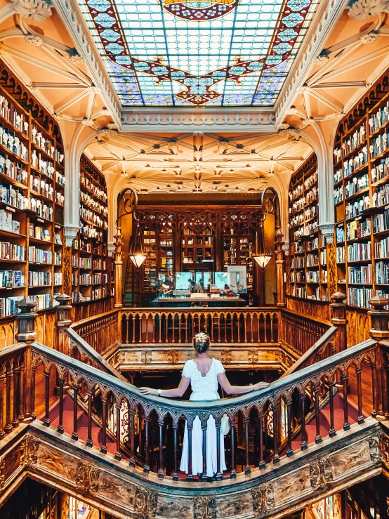 a girl is standing on the railing in a liry filled with books