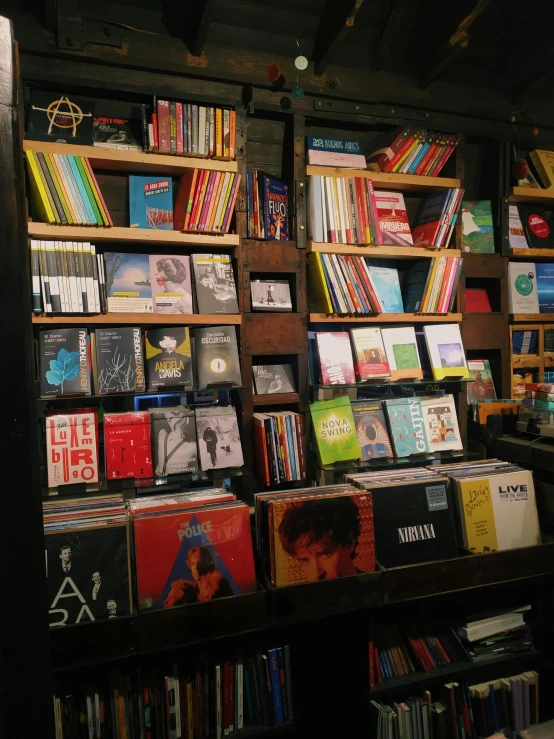 an assortment of records sit on display in a bookshelf