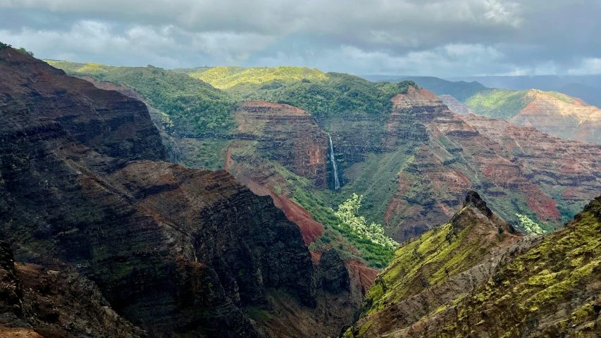 a valley in the mountains on a cloudy day