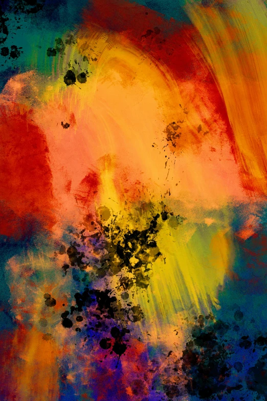 a bright abstract painting in the colors of orange, blue and yellow