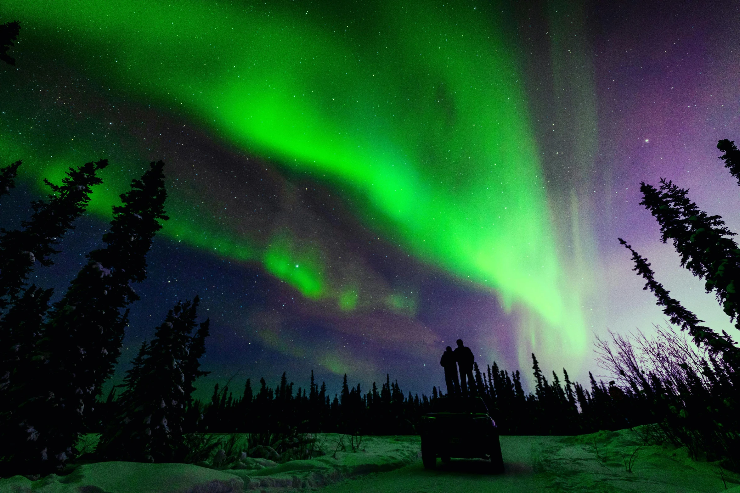 the aurora lights above a cabin in the woods