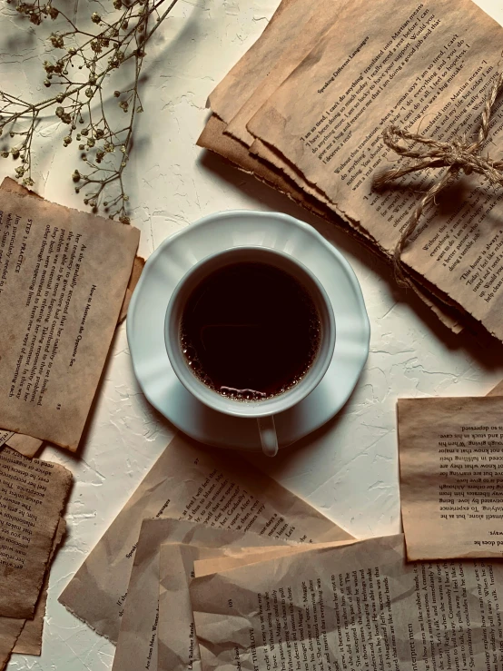 a cup of coffee surrounded by papers and paper