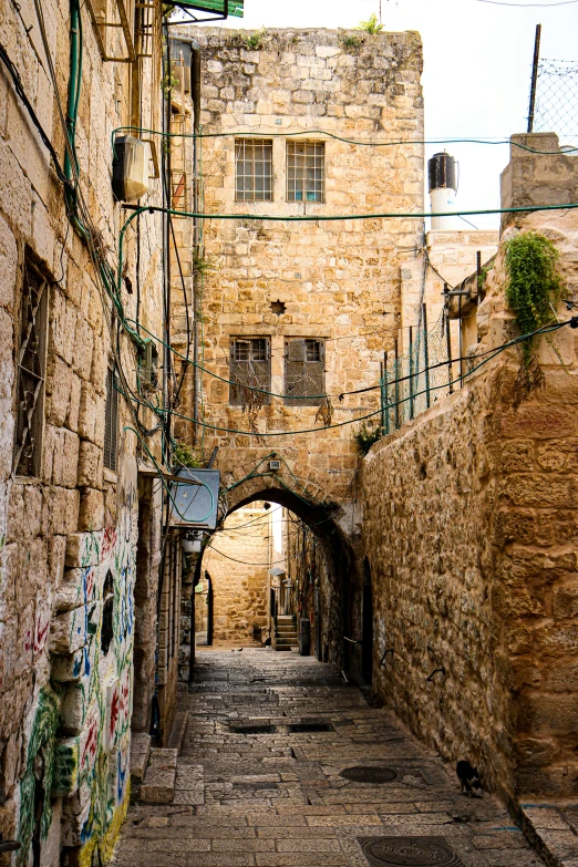 an alley with no people and graffiti