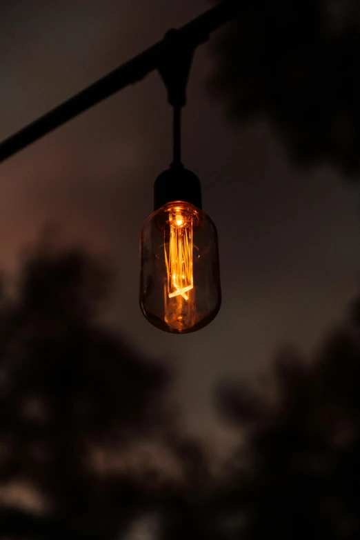 a bulb hanging from a wire with a tree in the background