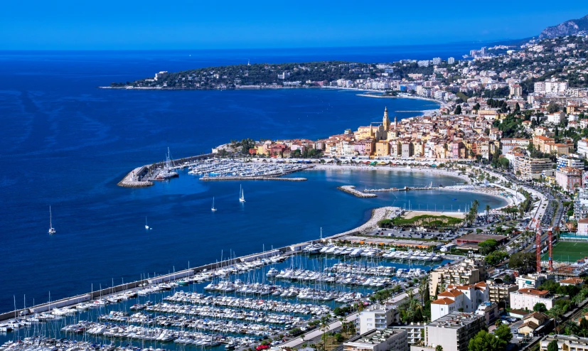 a marina is pictured from an air view looking down on it