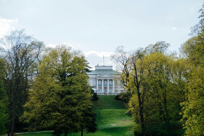 a mansion surrounded by trees with a clock tower