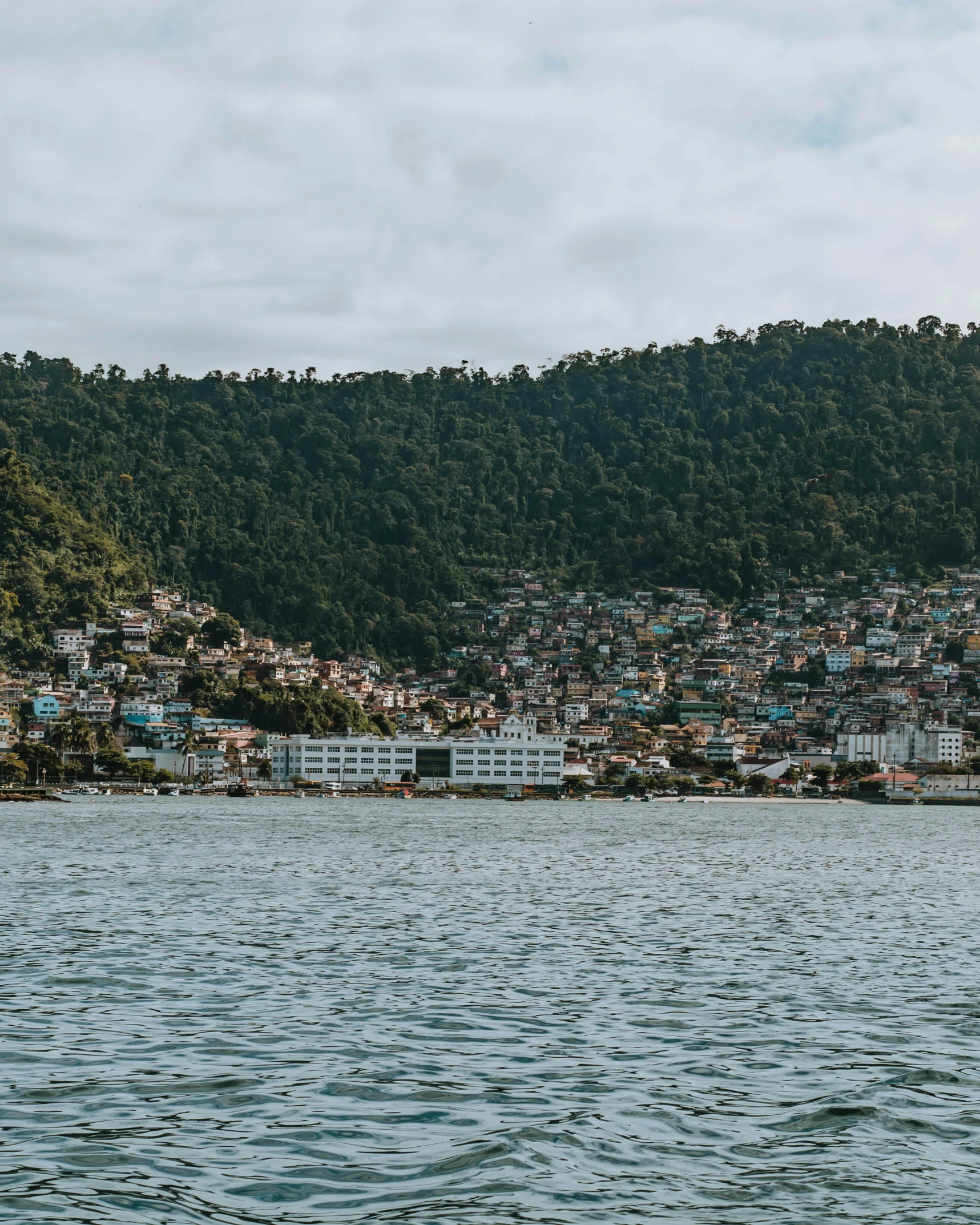 a hill is behind the water with a bunch of houses on it