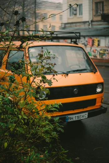 an orange van parked on a street next to green bushes