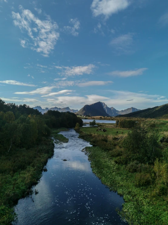 a stream of water with a mountain in the background