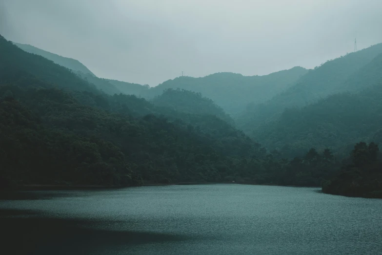 a mountain river surrounded by foggy mountains and evergreen forests