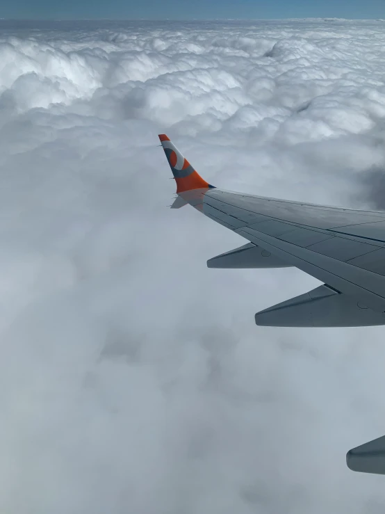 the view of a plane wing over the clouds