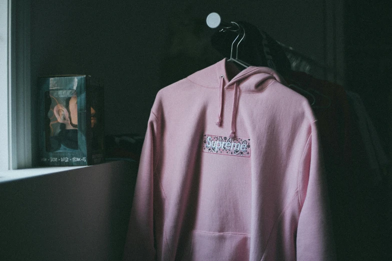 a pink hoodie hangs in front of a window with a book on it