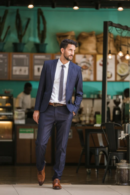 a man standing on the sidewalk in front of an eatery