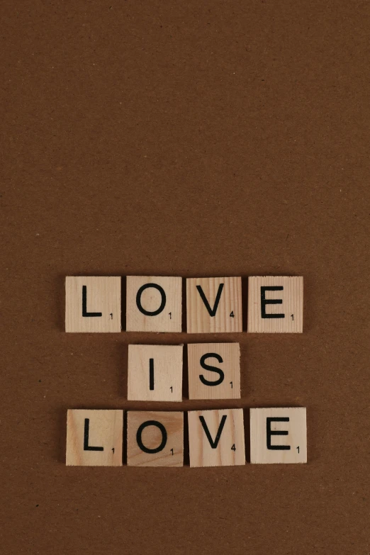 scrabble type word written in letter blocks reading love is love