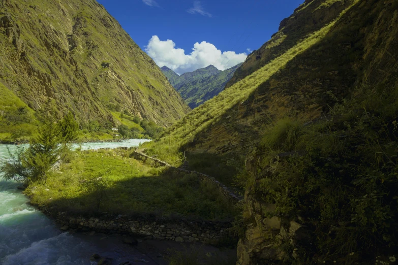 a valley with hills surrounding it and a river