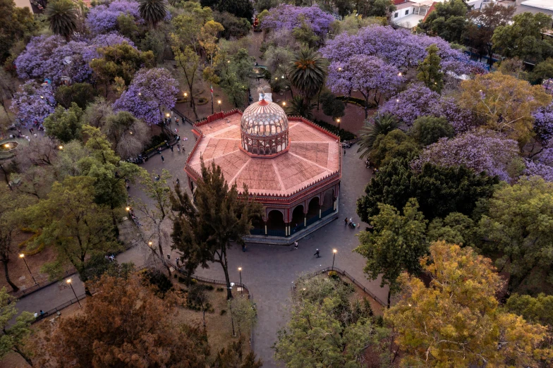 aerial view of an historic building in the middle of a park