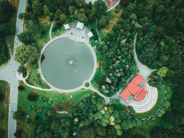 a view of an aerial s of a pond in a park