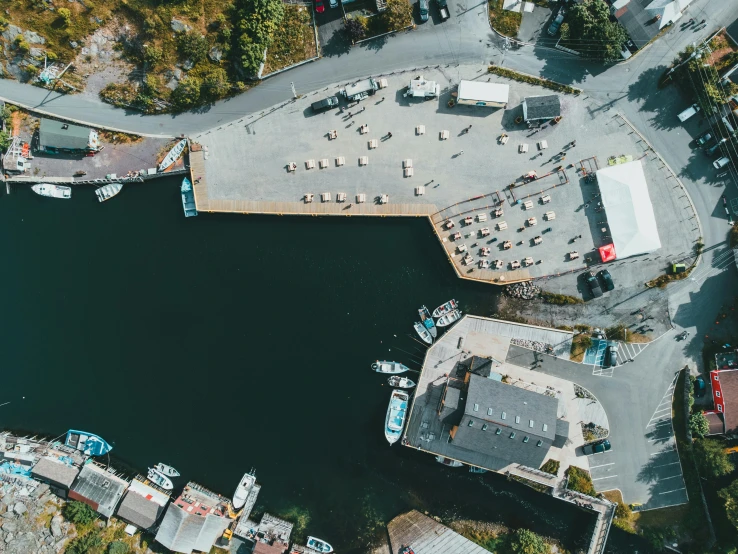 an aerial view of a marina in the daytime