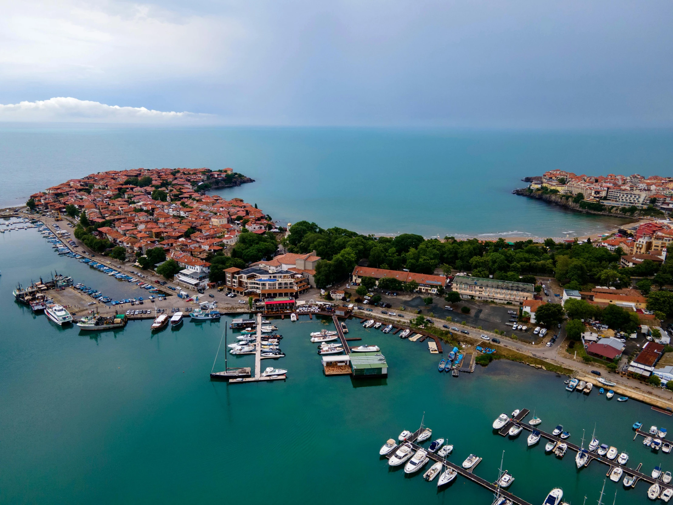 a small harbor in the middle of a town